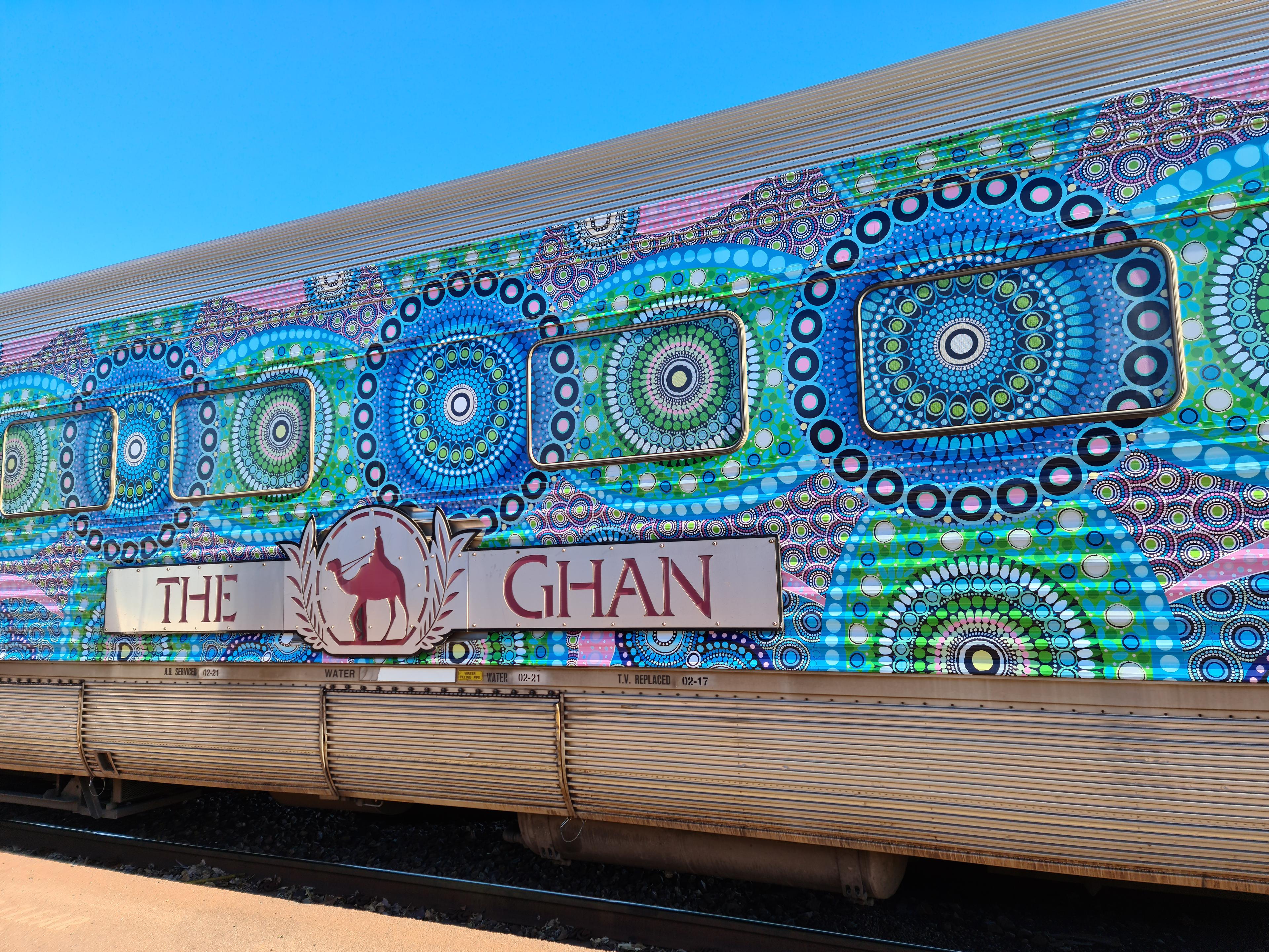 The Ghan featuring artwork by Parrtjima artist Chantelle Mulladad